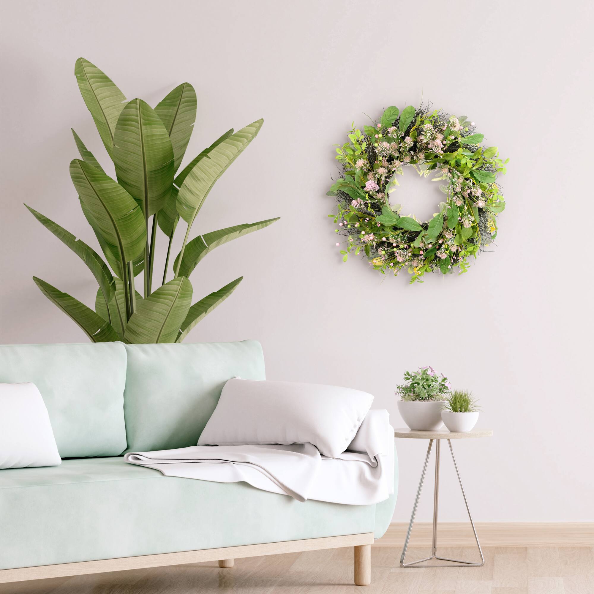 24" Light Pink Spring Echinops Floral Wreath